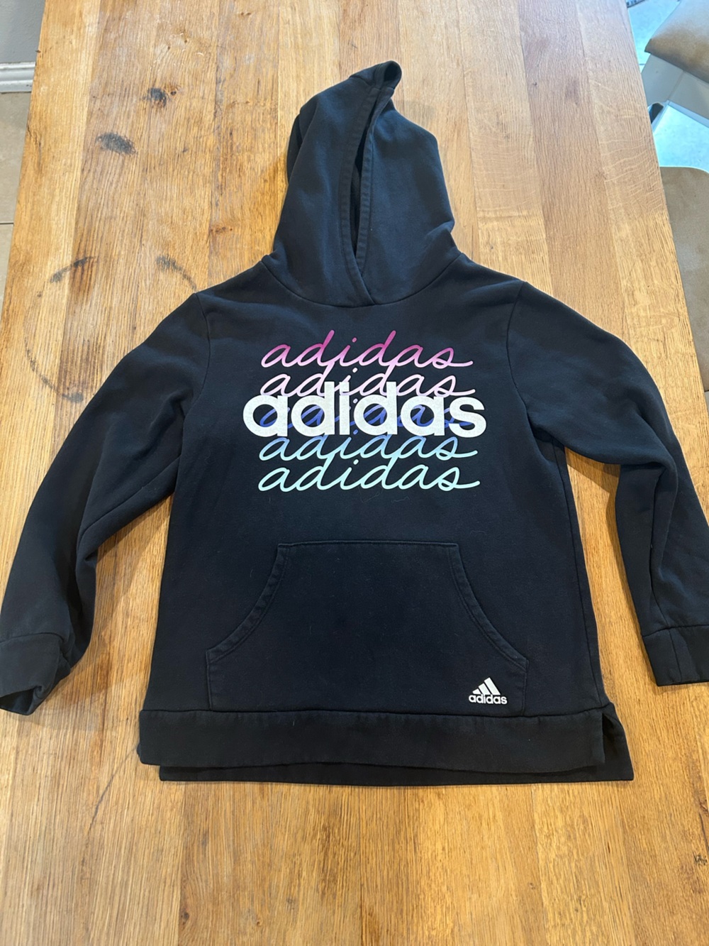 adidas Kids Black Hoodie with Pastel Multicolor Script